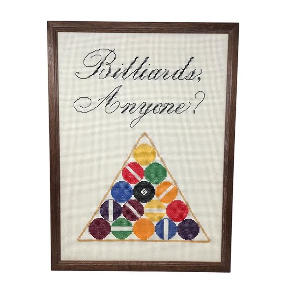 Vintage Handmade Billards Anyone Cross Stitch Print Framed Game Room Retro
